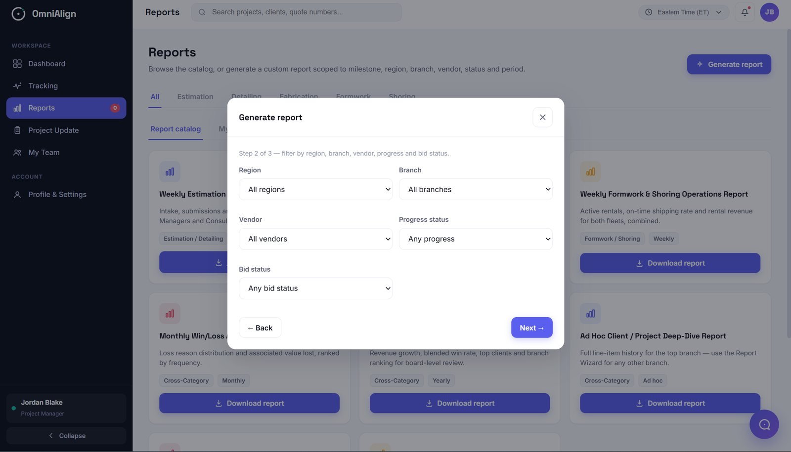 OmniAlign generate report dialog with region, branch, vendor, and status filters