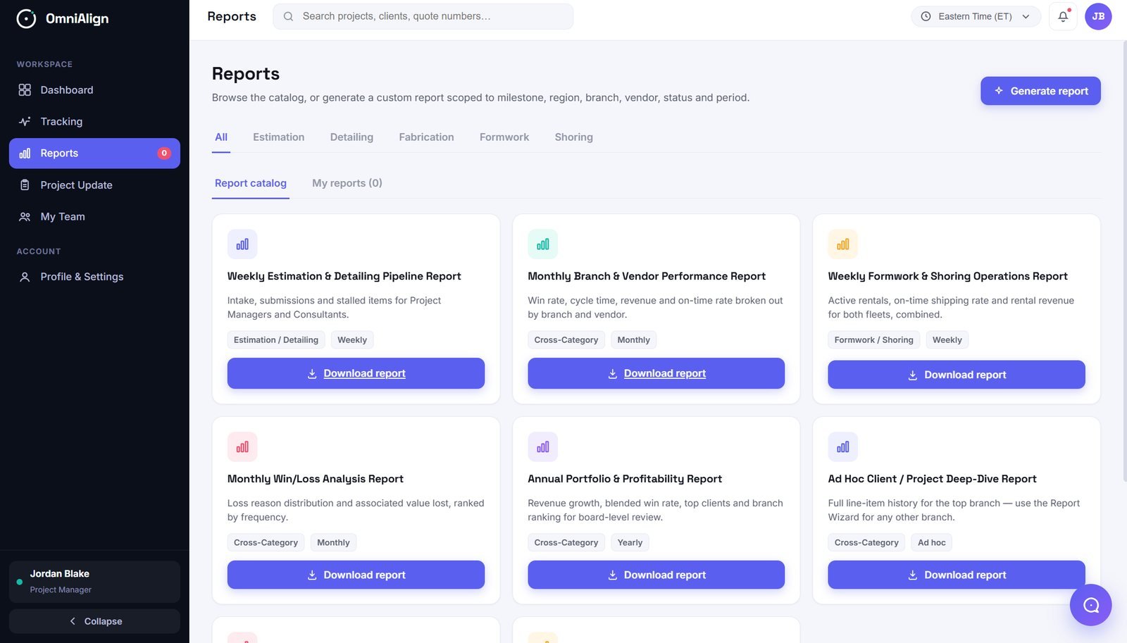OmniAlign report catalog with downloadable weekly and monthly reports