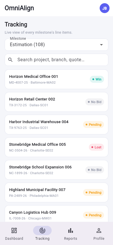 OmniAlign tracking screen listing projects with Win, Pending, and Lost status